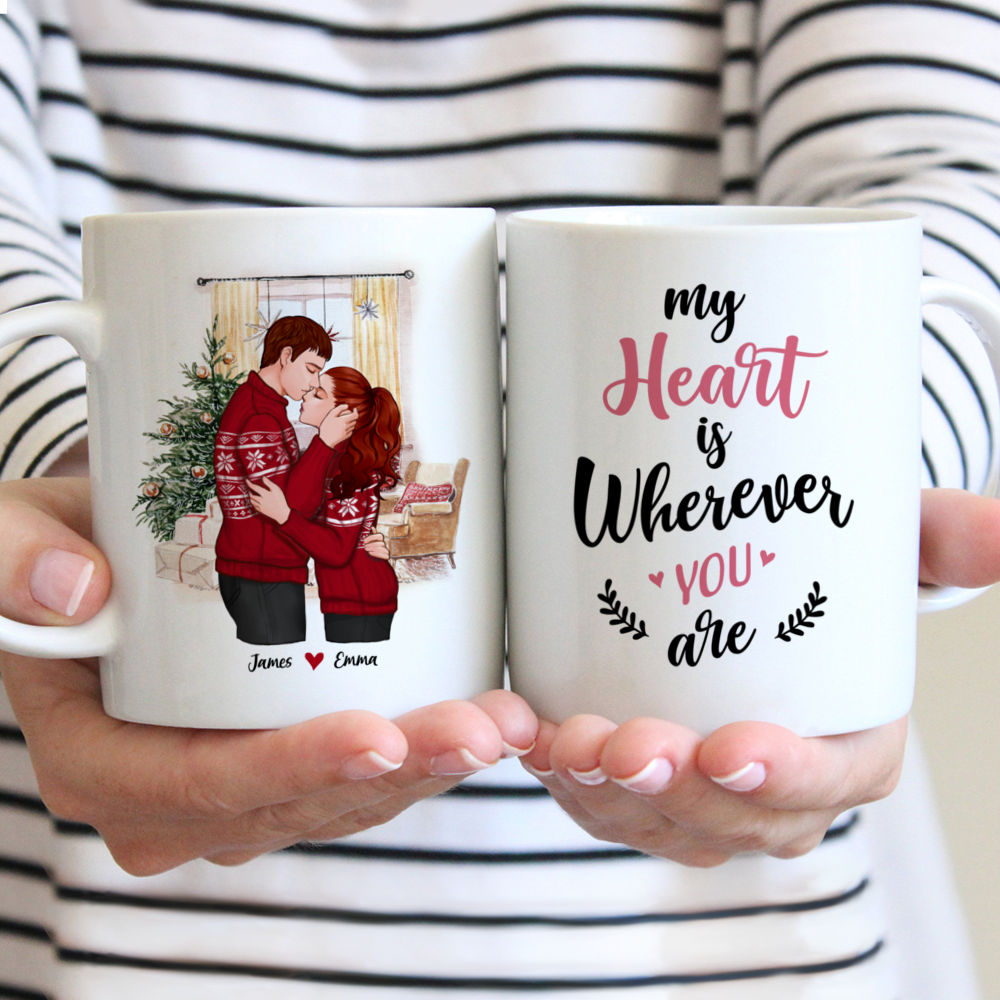 Personalized Mug - Couple Hugging Christmas - My Heart Is Wherever You Are.