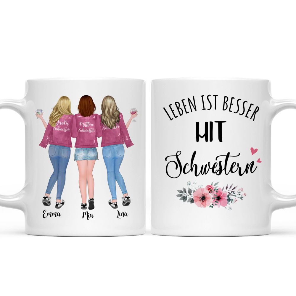 Personalized Mug - Personalisierte Tasse - Bis zu 5 Schwestern - Leben ist  besser mit Schwestern (Ver 1) - Rosa Weiß - Germany