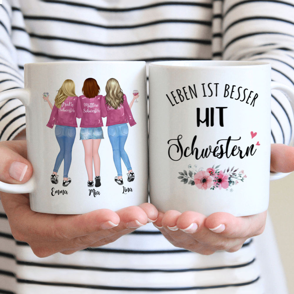 Personalized Mug - Personalisierte Tasse - Bis zu 5 Schwestern - Leben ist besser  mit  Schwestern (Ver 1) - Rosa Weiß - Germany