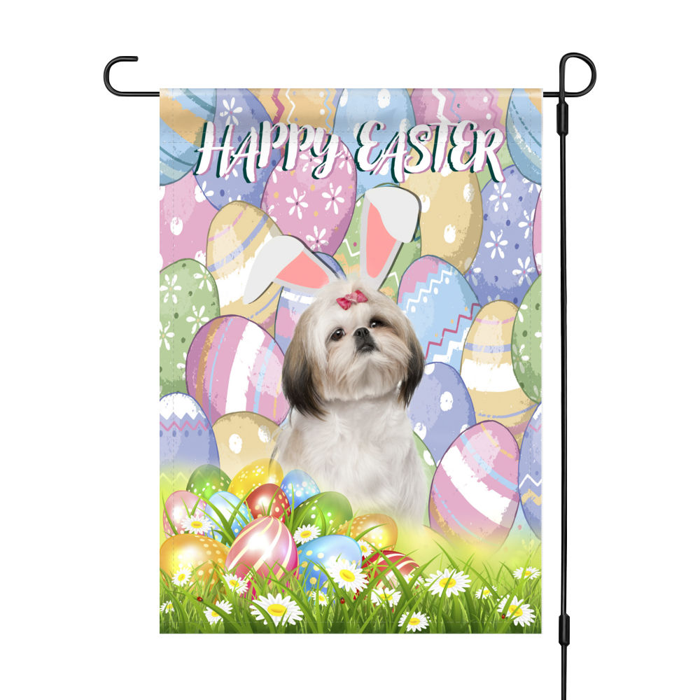 Happy Easter - Happy Easter Shih Tzu Dog Flag Dog Bunny Easter Eggs Spring  Garden Flag Easter Welcome Flag 25742