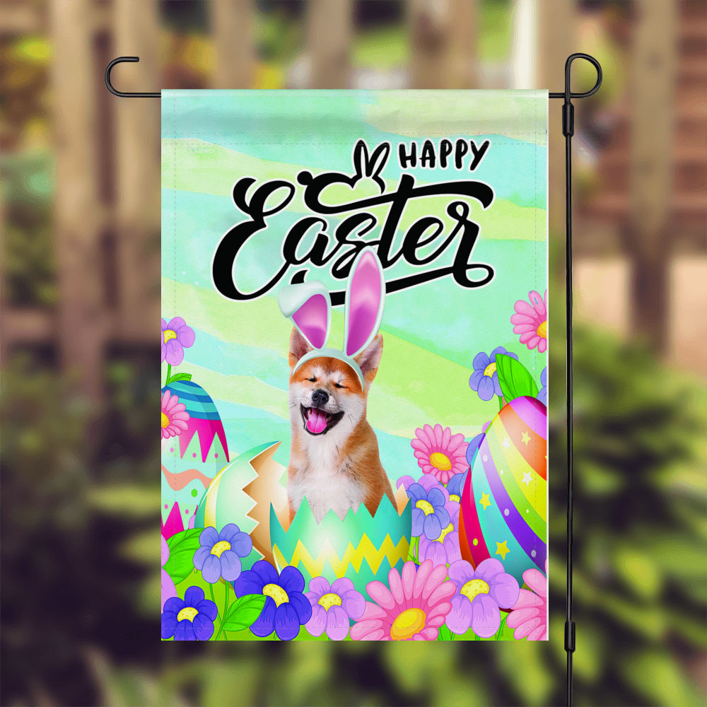 Happy Easter - Happy Easter Akita Dog Flag Dog Bunny Easter Eggs Spring Garden Flag Easter Welcome Flag_5