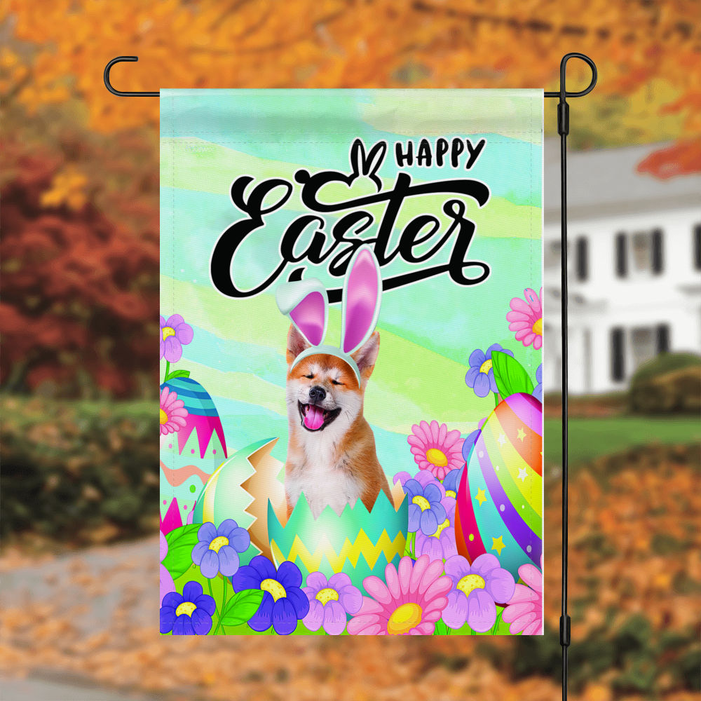 Happy Easter - Happy Easter Akita Dog Flag Dog Bunny Easter Eggs Spring Garden Flag Easter Welcome Flag_6
