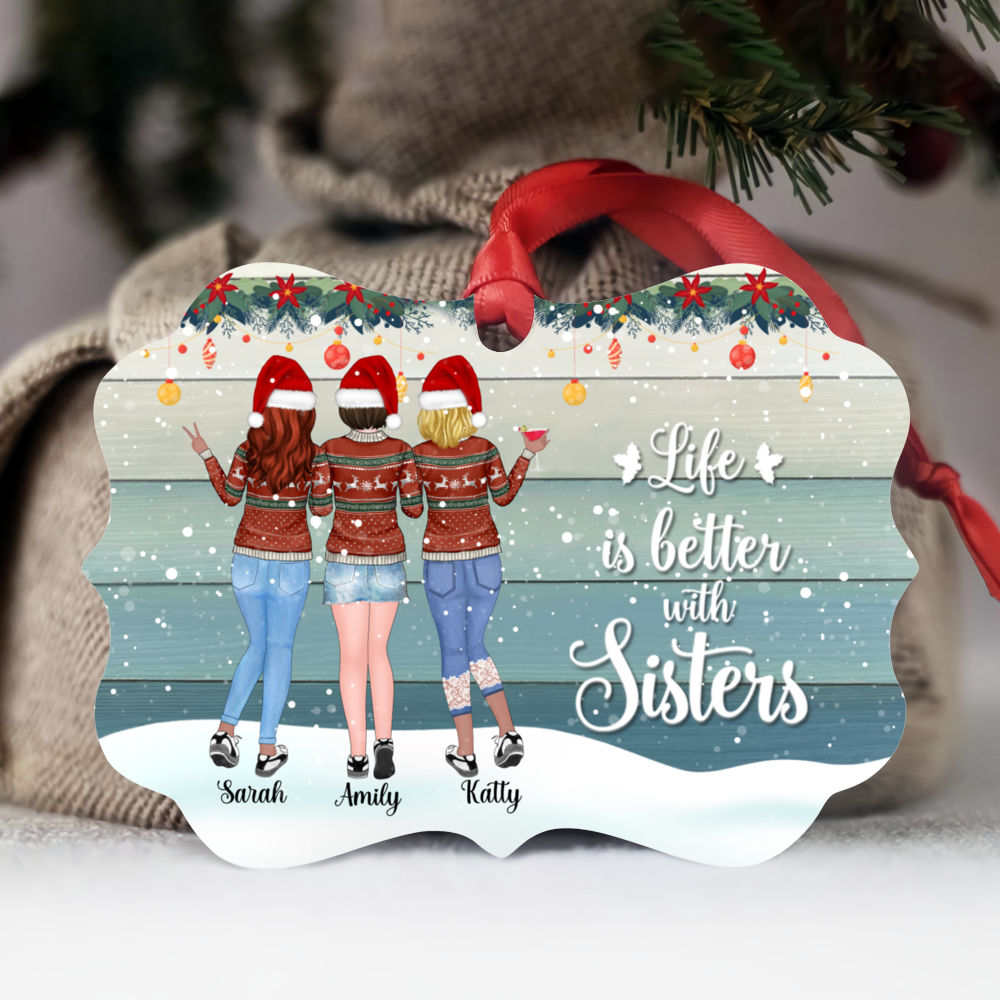 Personalized Ornament - Up to 5 Woman - Life is better with Sisters  - Ornament (BG3 Snow) MK3Red