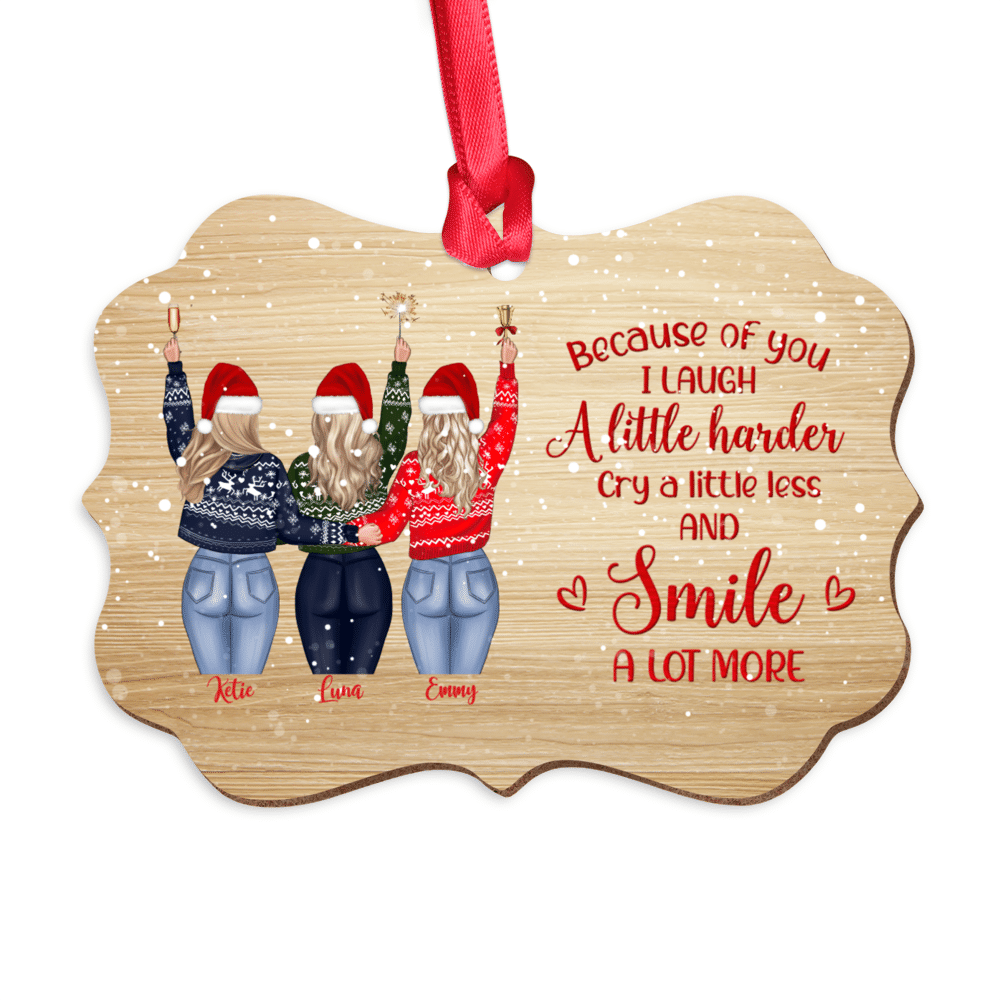 Personalized Ornament - Up to 3 Girls - Because of you I laugh a little harder cry a little less and smile a lot more  (Ver 2) - Ornament_3