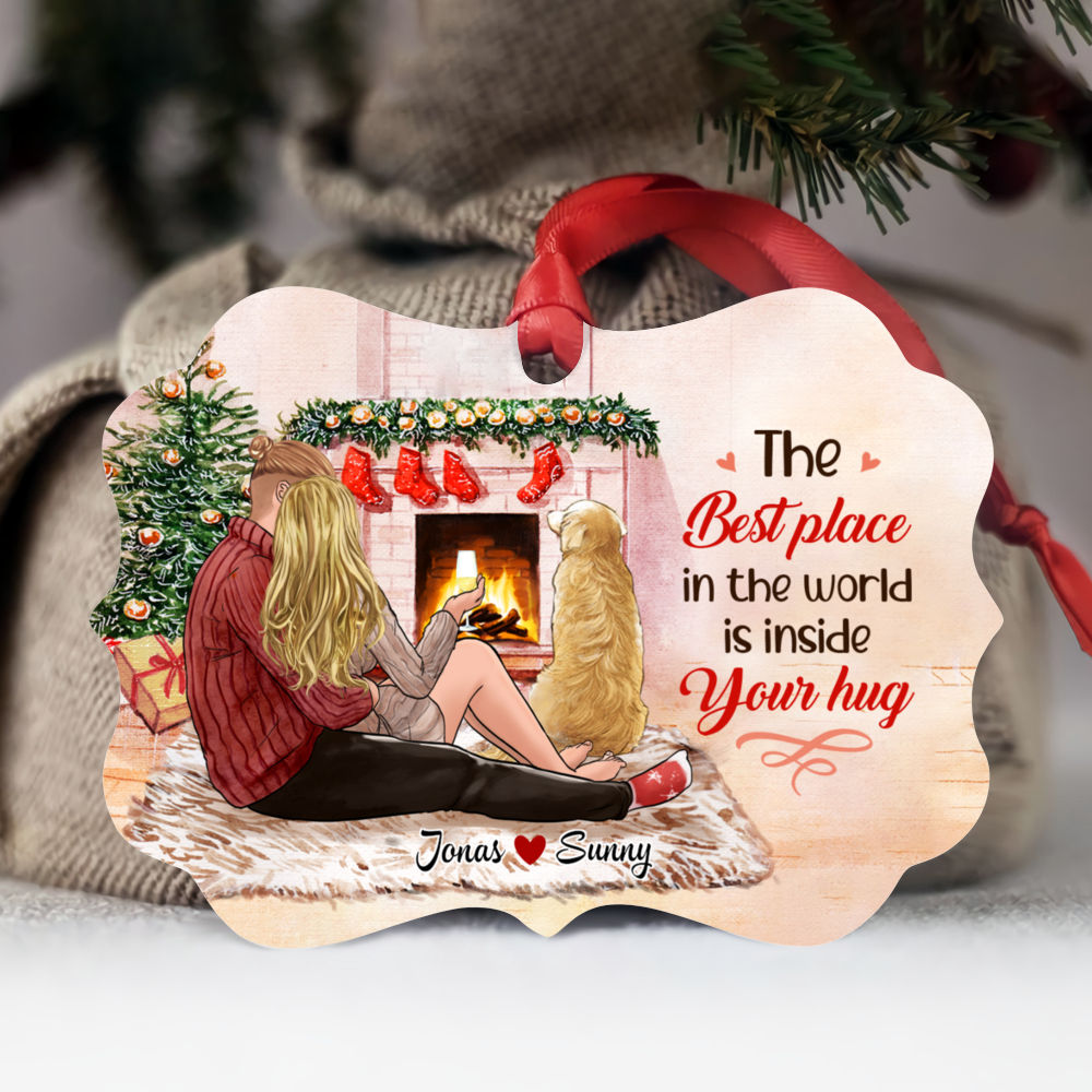 Personalized Ornament - Xmas Couple - Christmas Gifts - Gifts For Couples - The best place in the world is inside your hug (Custom Ornament -Christmas Gifts For Women, Men, Couples)