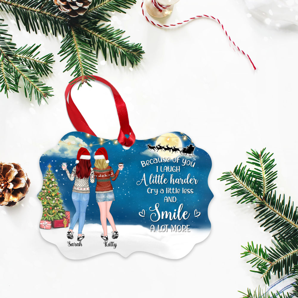 Personalized Ornament - Up to 5 Women - Because of you I laugh a little harder cry a little less and smile a lot more - BG Blue_2