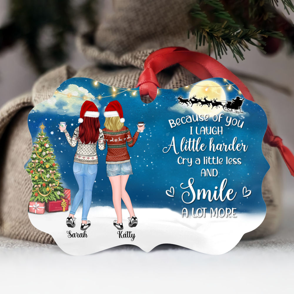 Personalized Ornament - Up to 5 Women - Because of you I laugh a little harder cry a little less and smile a lot more - BG Blue