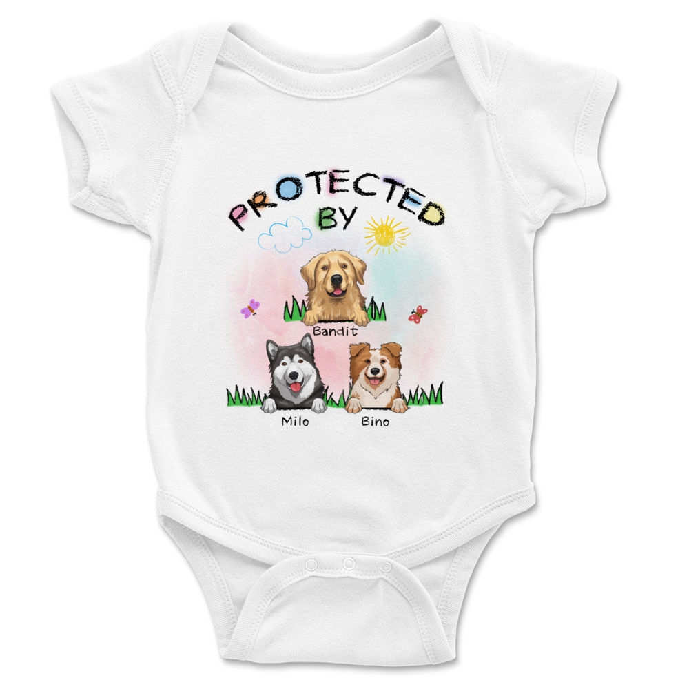 Protected by Dog Onesie®, Custom Dog Breed Onesie®, Personalized