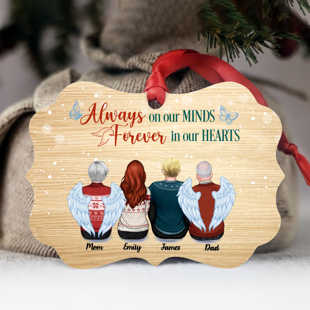 Personalized Ornament - Family Memorial Ornament - Always On Our Minds, Forever In Our Hearts (Up to 4 People - Wood BG)