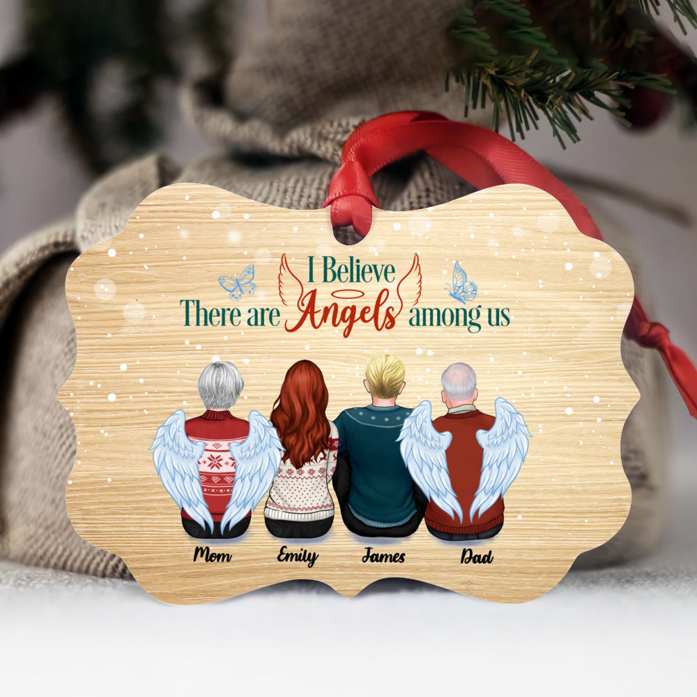 Family Memorial Ornament - I Believe There are Angels Among Us (Up to 4 People - Wood BG) - Personalized Ornament