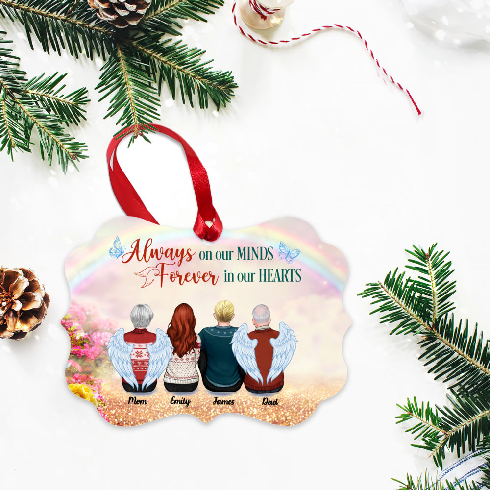 Family Memorial Ornament - Always On Our Minds, Forever In Our Hearts (Up to 4 People - Heaven BG) - Personalized Ornament_2