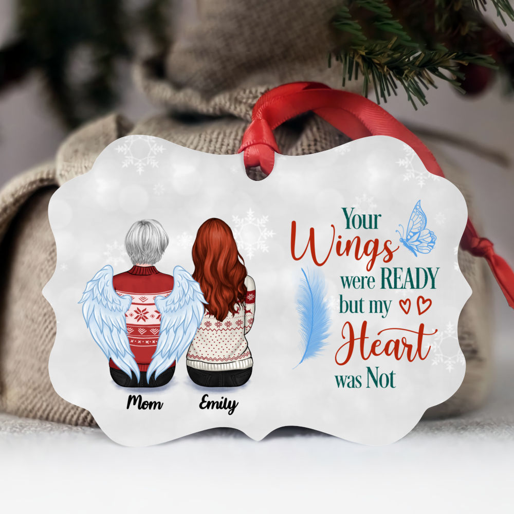 Family Memorial Ornament - Your Wings Were Ready But My Heart Was Not (Up to 4 People - Silver BG) - Personalized Ornament