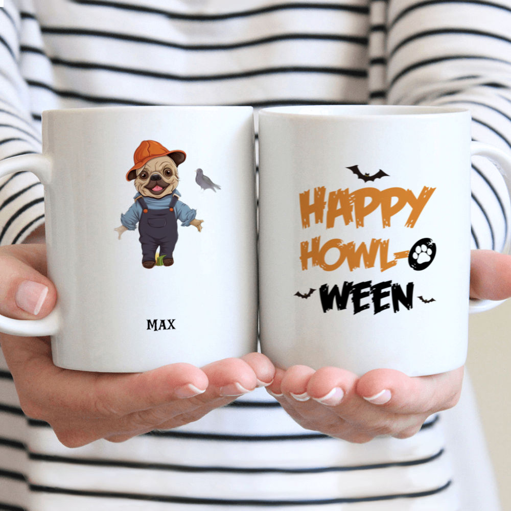 Halloween Dog Mug - Fantasy French Bulldog Scarecrow standing in Pumpkin Field Halloween Dog Mug Illustration - Mug