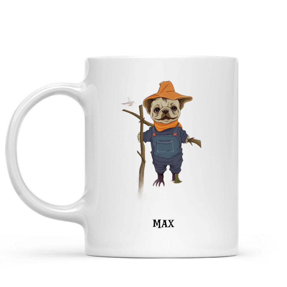 Halloween Dog Mug - Fantasy French Bulldog Scarecrow standing in Pumpkin Field Halloween Dog Mug Illustration - Mug_1