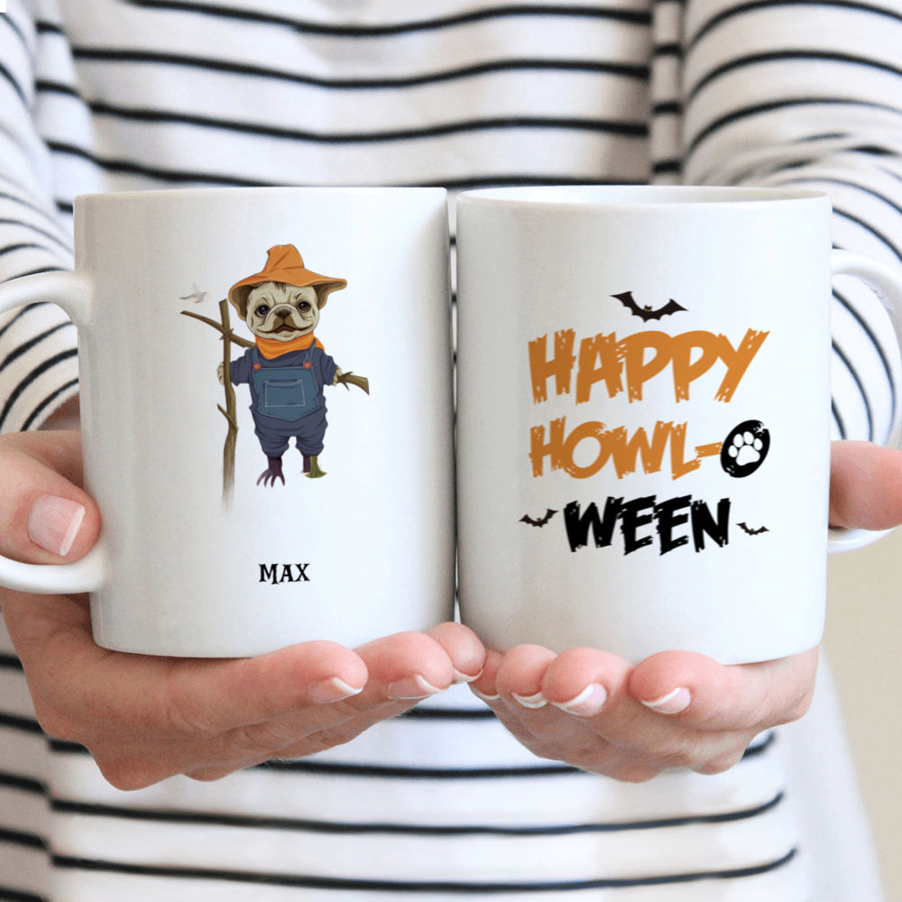 Halloween Dog Mug - Fantasy French Bulldog Scarecrow standing in Pumpkin Field Halloween Dog Mug Illustration - Mug