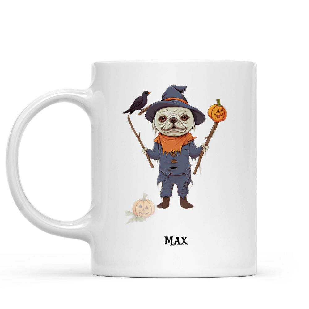 Halloween Dog Mug - Halloween French Bulldog Scarecrow Standing in Pumpkin Field Flat Art Mug - Mug_1