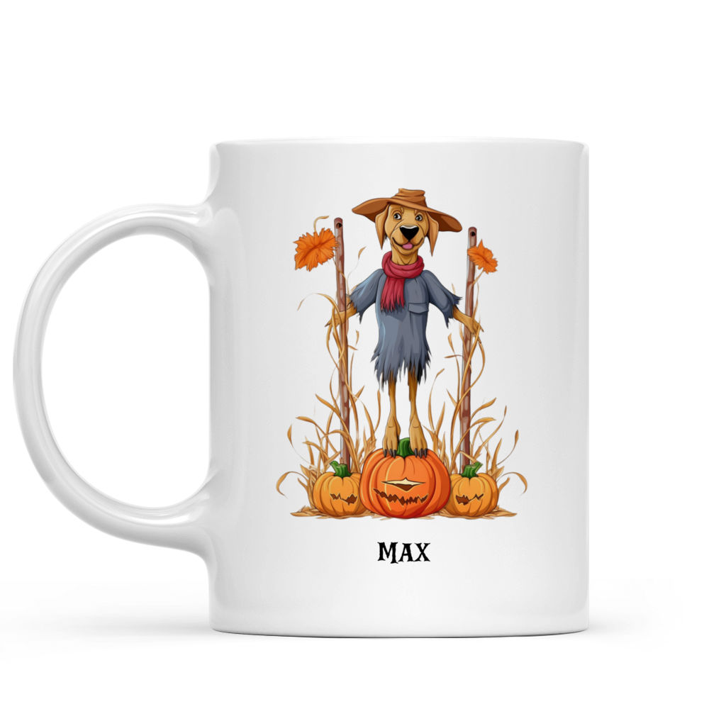 Personalized Mug - Halloween Dog Mug - Rhodesian Ridgeback Scarecrow Dog in Pumpkin Field Illustration Halloween Dog Mug_1