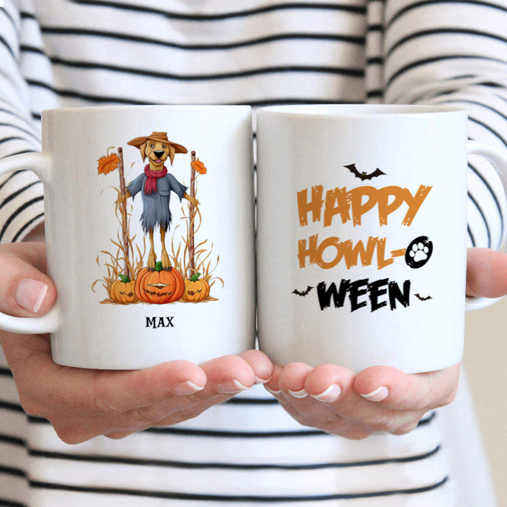 Halloween Dog Mug - Rhodesian Ridgeback Scarecrow Dog in Pumpkin Field Illustration Halloween Dog Mug - Mug