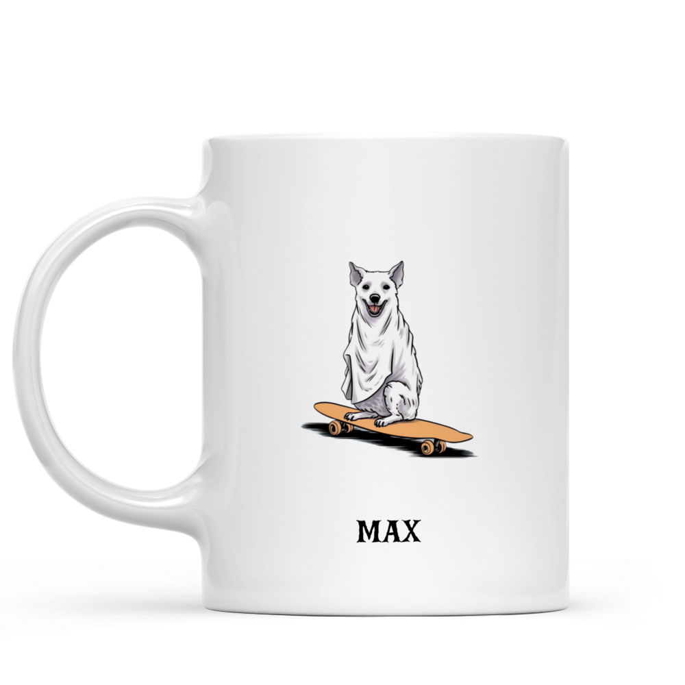 Halloween Dog Mug - Minimal Australian Cattle Dog in Ghost Costume on Skateboard Halloween Mug - Mug_1