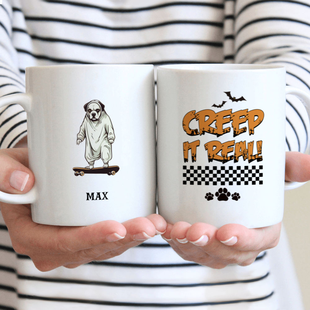 Halloween Dog Mug - Minimal Boxer Dog Ghost Costume on Skateboard Halloween Mug - Mug