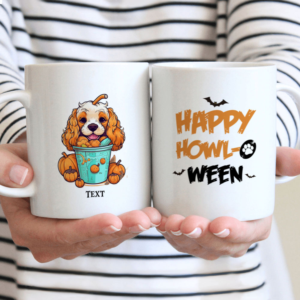 Halloween Dog Mug - Imaginary Happy Cocker Spaniel Dog in Pumpkin Bubble Tea Cup Illustration for Halloween - Mug