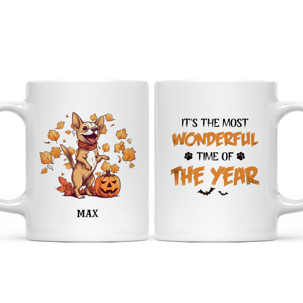 Halloween Dog Mug - Happily Dancing Chihuahua Dog with Halloween Pumpkin Autumn Leaves Mug Flat Art Illustration - Mug_3