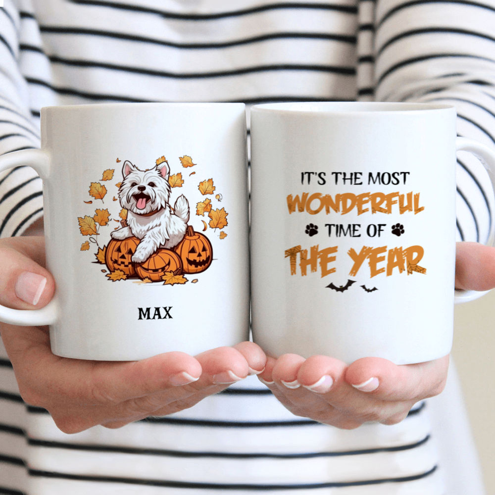 Personalized Mug - Halloween Dog Mug - Happy Dancing West Highland White Terrier Dog next to Halloween Pumpkin Illustration Mug