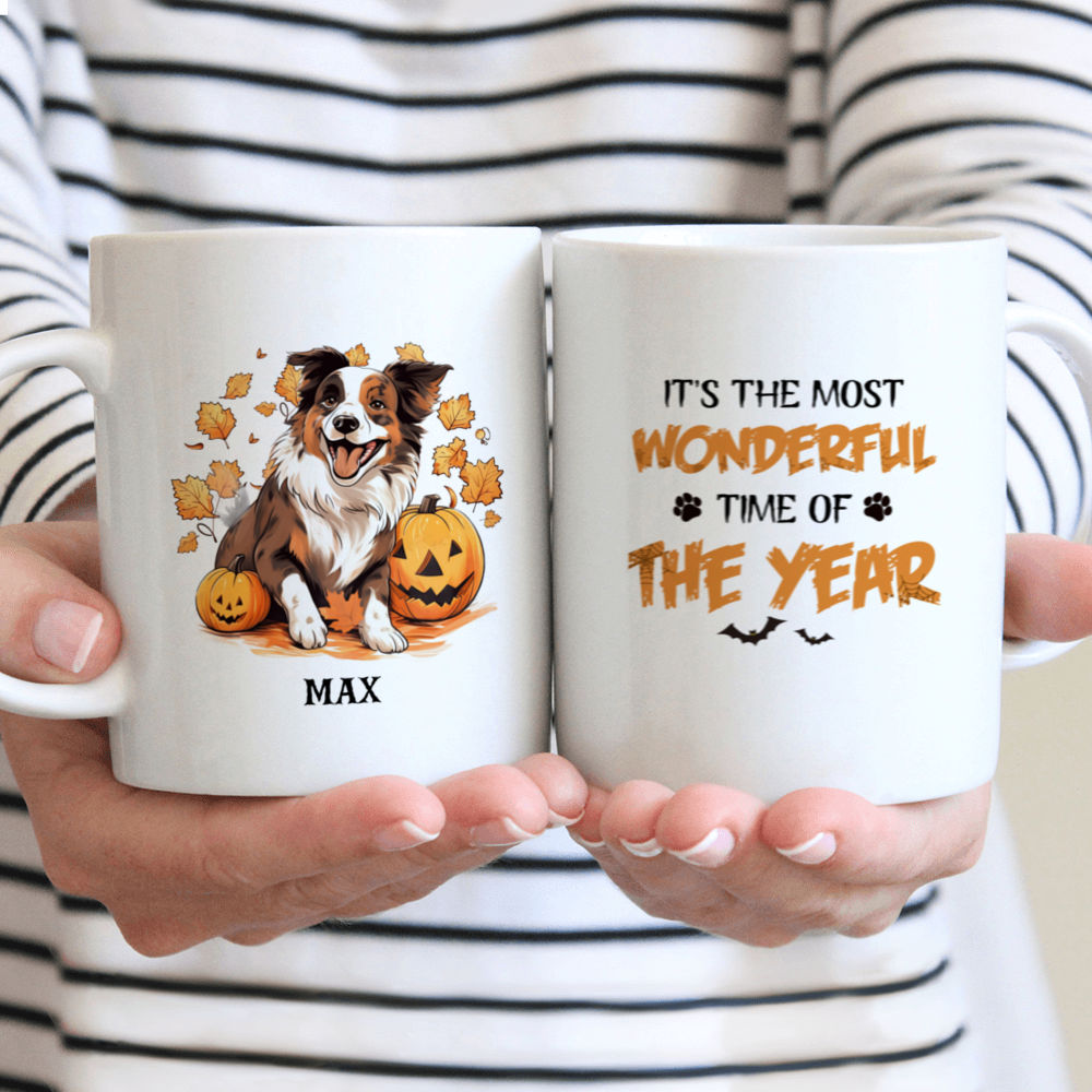Personalized Mug - Halloween Dog Mug - Halloween Dancing Australian Shepherd and Pumpkin Illustration
