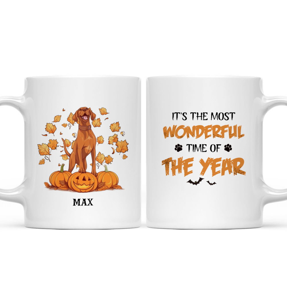 Personalized Mug - Halloween Dog Mug - Happy Dancing Vizsla Dog with Pumpkin and Autumn Leaves Art_3