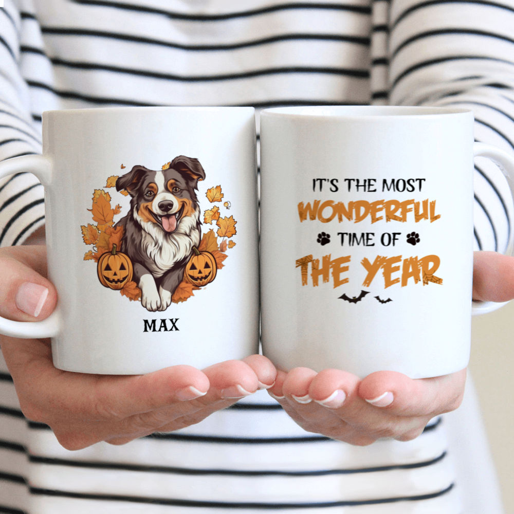 Halloween Dog Mug - Halloween Australian Shepherd Dog Dancing with Pumpkin Autumn Leaves Flat Art Mug - Mug