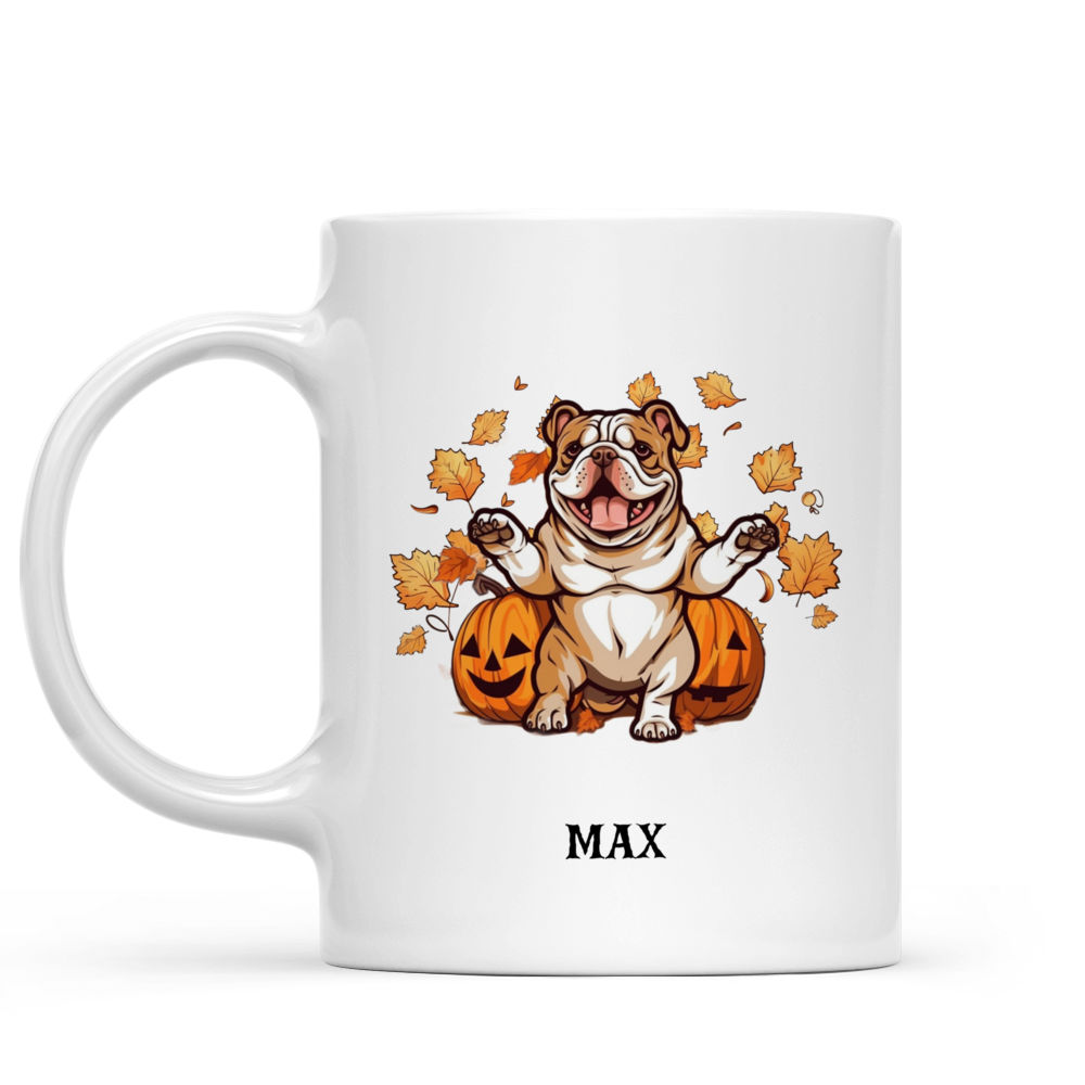 Halloween Dog Mug - Happy Dancing Bulldog with Pumpkin and Autumn Leaves Flat Art - Mug_1