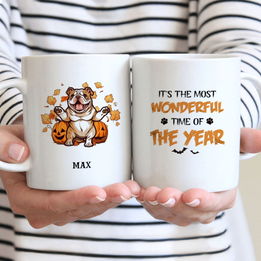 Personalized Mug - Halloween Dog Mug - Happy Dancing Bulldog with Pumpkin and Autumn Leaves Flat Art