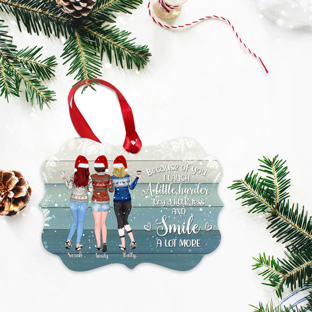 Personalized Ornament - Up to 5 Women - Because of you I laugh a little harder cry a little less and smile a lot more - Ornament (BG4)_2