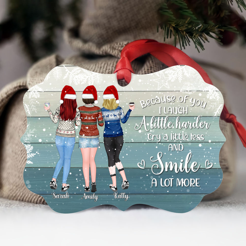 Personalized Ornament - Up to 5 Women - Because of you I laugh a little harder cry a little less and smile a lot more - Ornament (BG4)