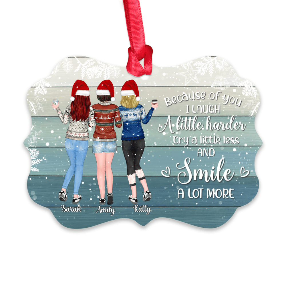 Personalized Ornament - Up to 5 Women - Because of you I laugh a little harder cry a little less and smile a lot more - Ornament (BG4)_1