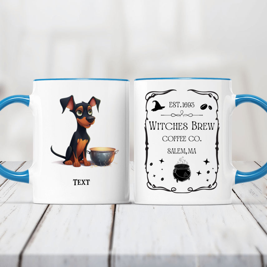 Halloween Dog Mug Minimal Doberman Pinscher Witch stirring potion Halloween Dog Cartoon