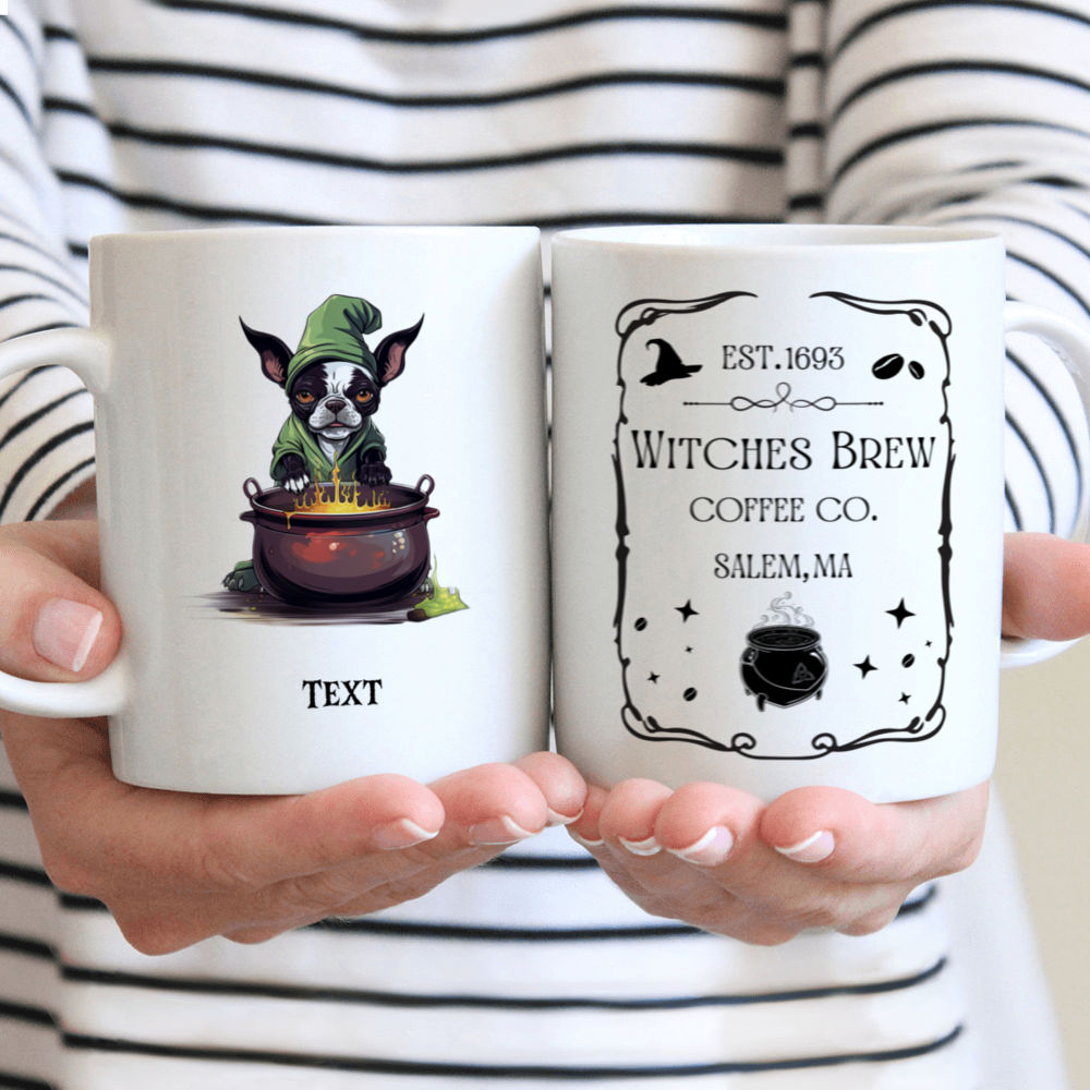 Halloween Dog Mug - Magical Cute Boston Terrier Witch stirring potion Cartoon for Halloween - Mug