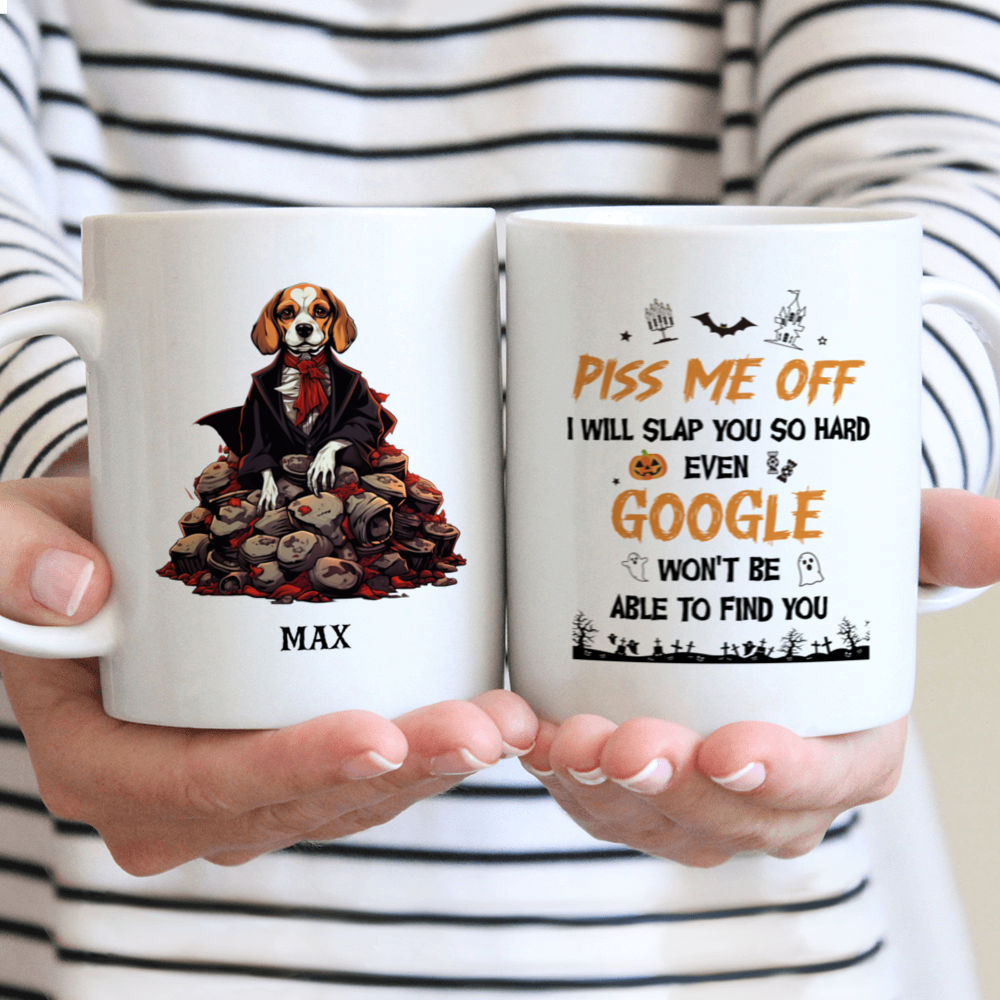 Halloween Dog Mug - Beagle Dog Dracula Standing on Skulls and Skeletons Halloween Mug - Mug