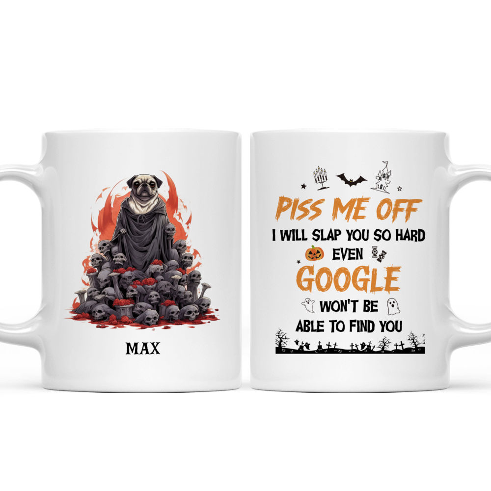 Personalized Mug - Halloween Dog Mug - Dracula Pug Dog Standing on Skulls and Skeletons Halloween Dog Mug_3