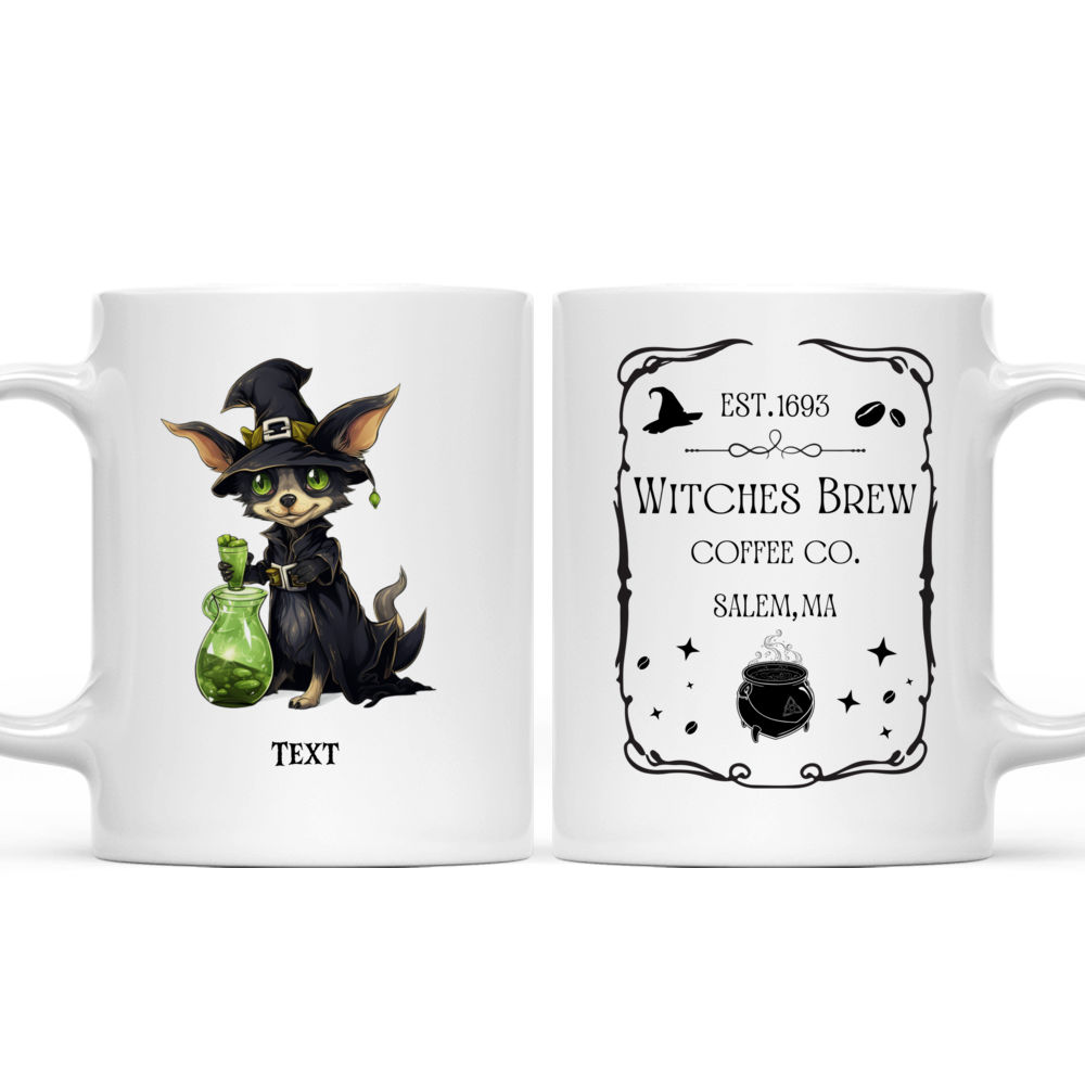 Cartoon Chihuahua Dog in Halloween Witch Costume Drinking Potion