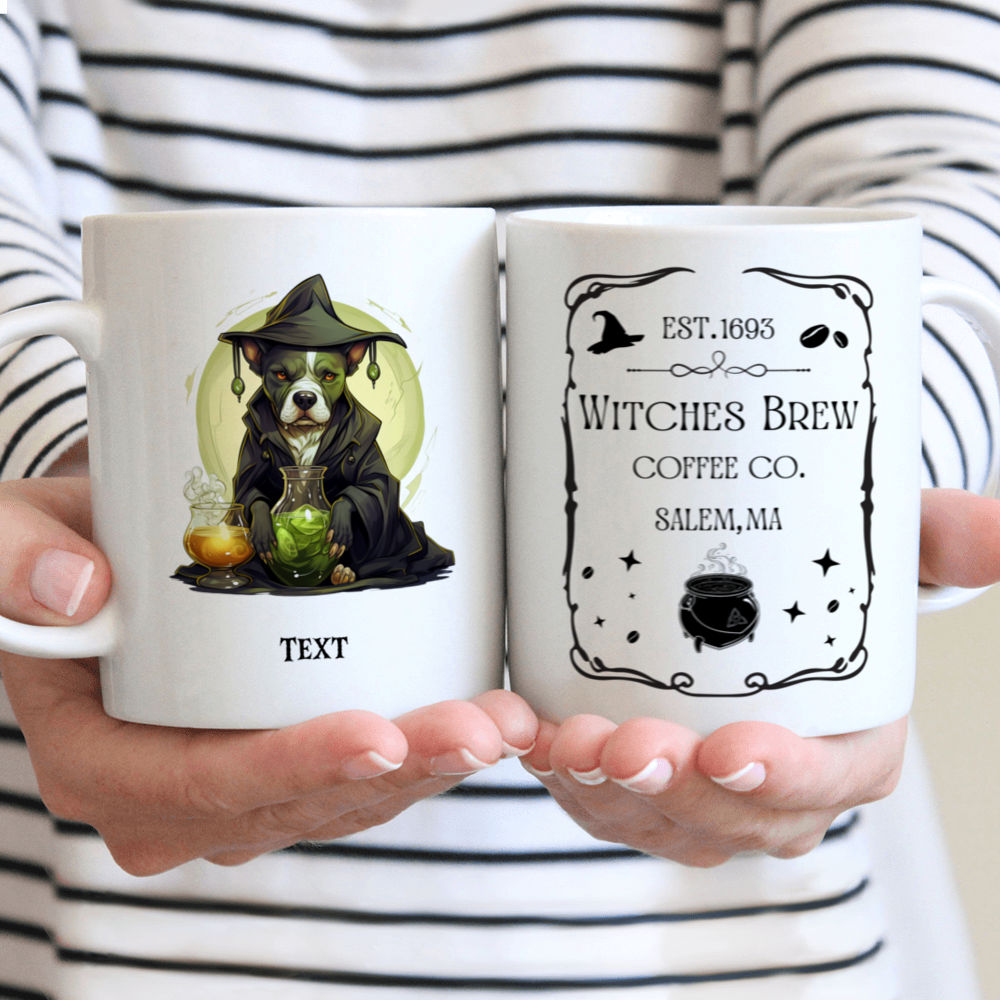 Personalized Mug - Halloween Dog Mug - Cartoon-style Pitbull Dog in Halloween Witch Costume Drinking Green Witch Potion
