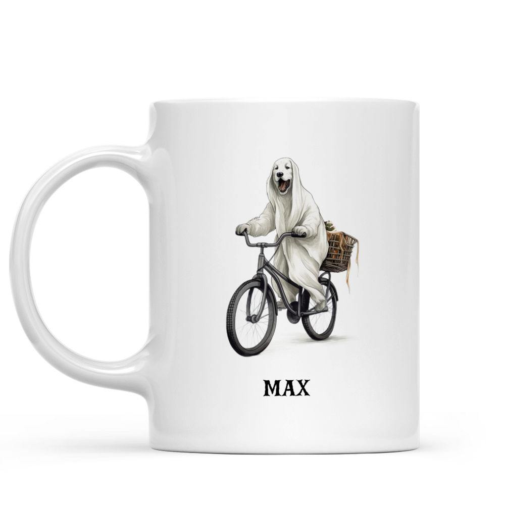 Personalized Mug - Halloween Dog Mug - Cute Border Collie Dog Riding Bicycle in Halloween Ghost Costume Mug_1