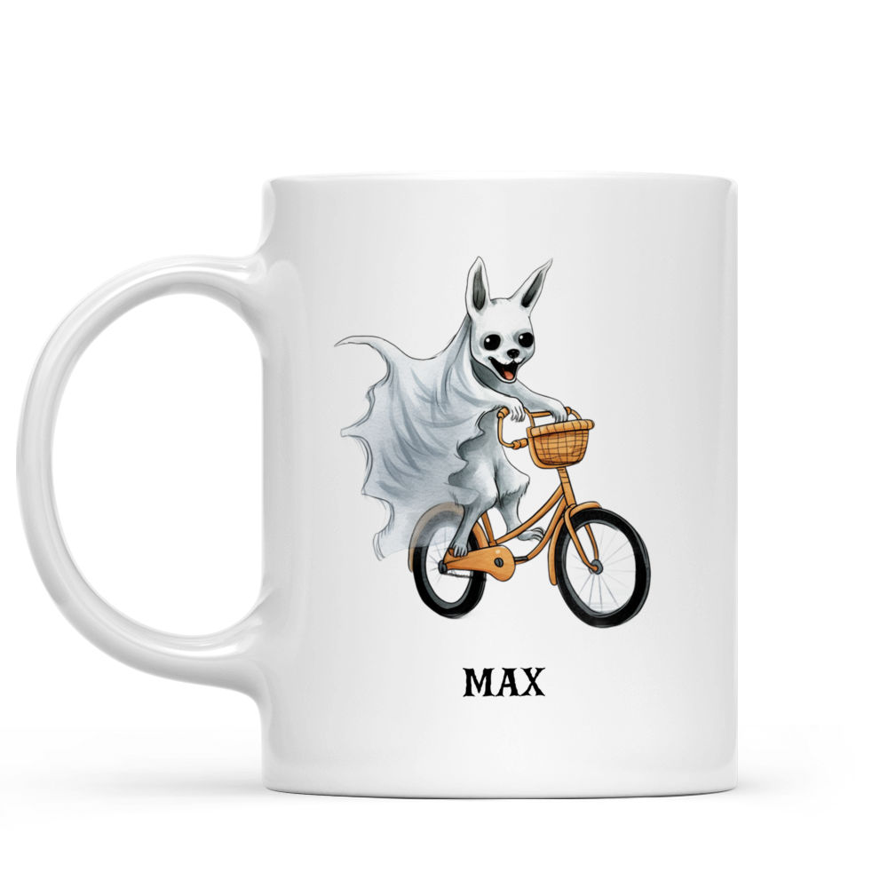 Halloween Dog Mug - Cute Chihuahua Dog in Halloween Ghost Costume Riding Bicycle - Mug_1