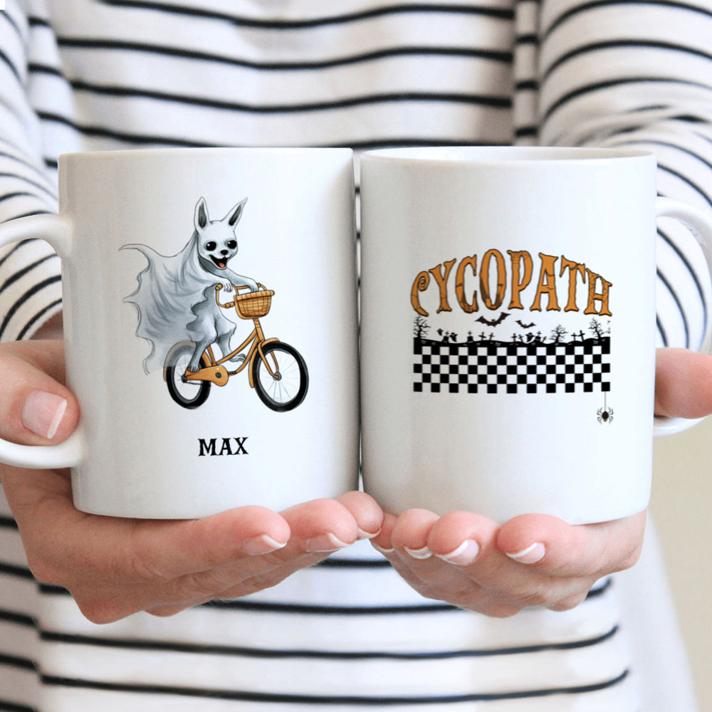 Halloween Dog Mug - Cute Chihuahua Dog in Halloween Ghost Costume Riding Bicycle - Mug