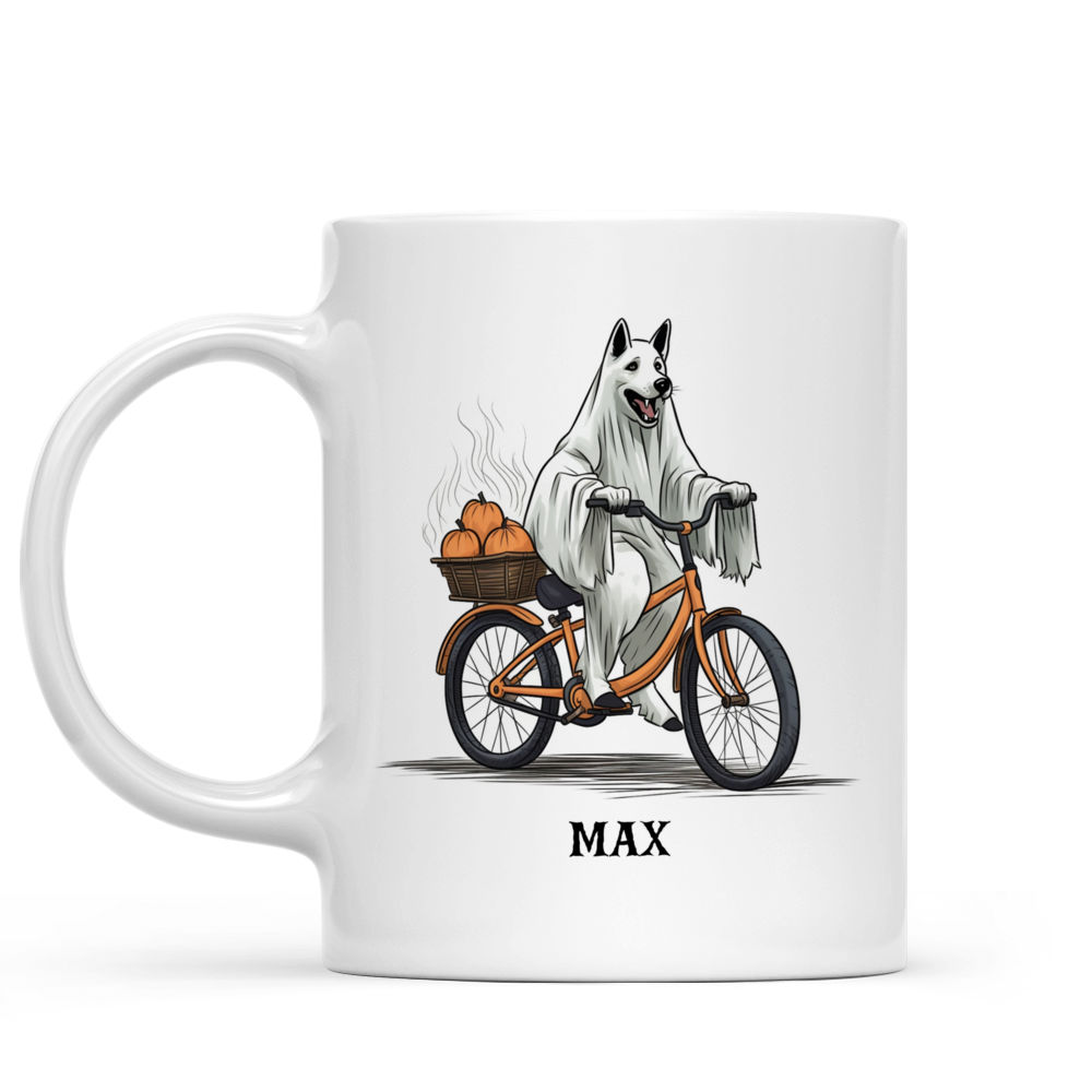 Halloween Dog Mug - German Shepherd Dog in Halloween Ghost Costume Riding Bicycle - Mug_1