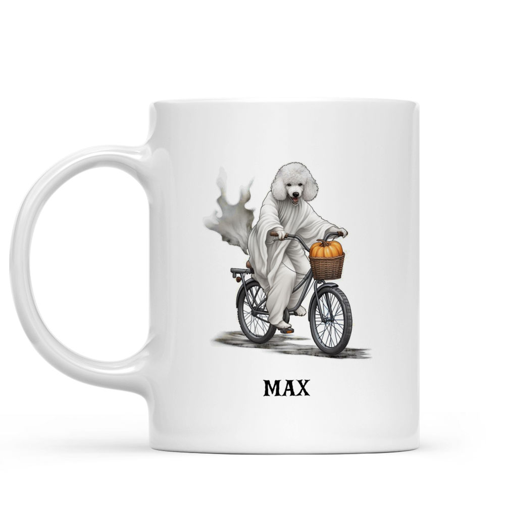 Halloween Dog Mug - Poodle Dog in Halloween Ghost Costume Riding Bicycle - Mug_1