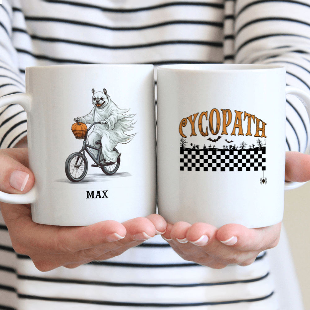 Halloween Dog Mug - French Bulldog Dog in Halloween Ghost Costume Riding Bicycle - Mug