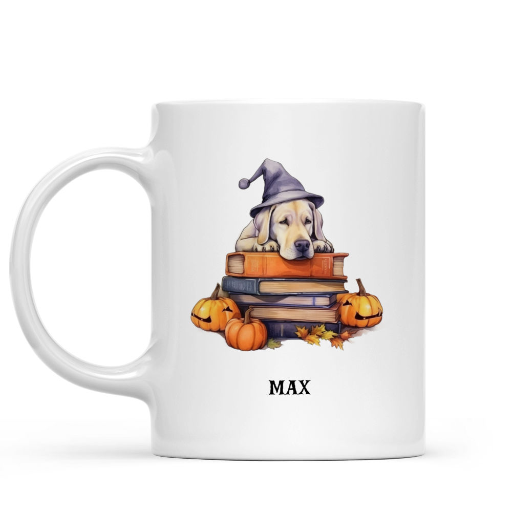 Halloween Dog Mug - Sleeping Labrador Retriever Witch Dog on Pumpkin Stack, Watercolor Illustration - Mug_1