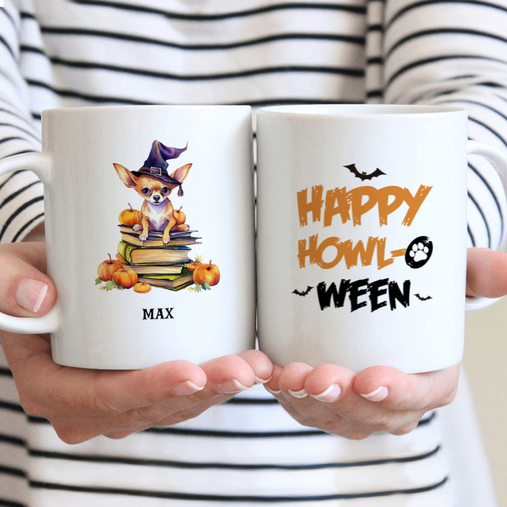 Halloween Dog Mug - Watercolor Chihuahua Sleeping on Witch Books with Pumpkins and Magic Light - Mug