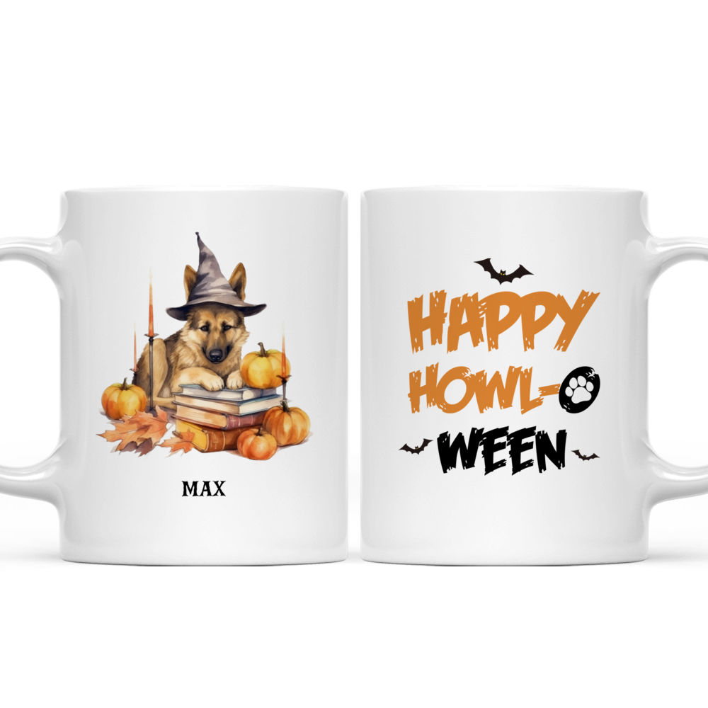 German Shepherd Witch on Stack of Books Sleeping Pumpkins Magic Light Dog Mug